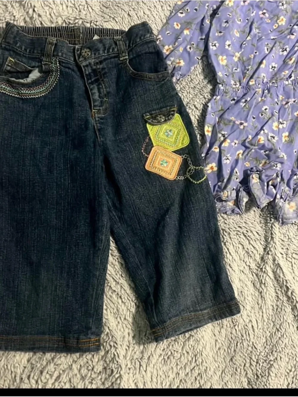 Carter's dress and Dark Blue Denim Capri Pants with Colorful Patch and clothes